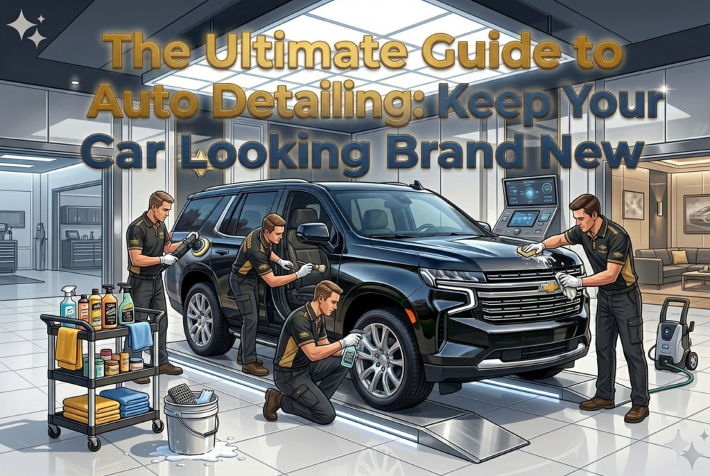 Professional auto detailing guide in Kelowna showing a team cleaning a black SUV with high-end equipment.