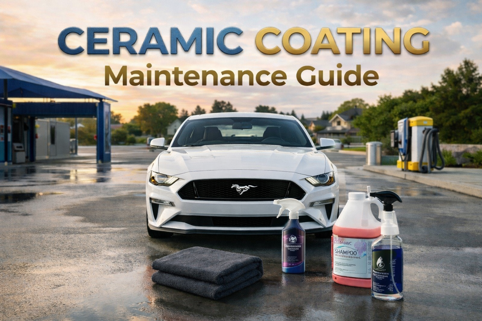 Ceramic Coating Maintenance Guide featuring a white car being detailed with specialized ceramic care products.