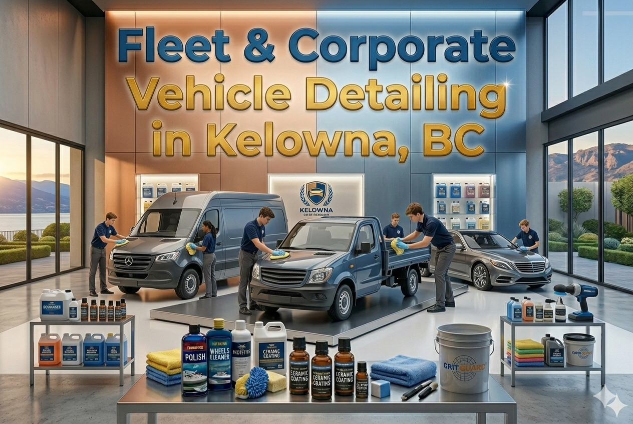 Fleet and corporate vehicle detailing services in Kelowna featuring a line of clean work vans and trucks.