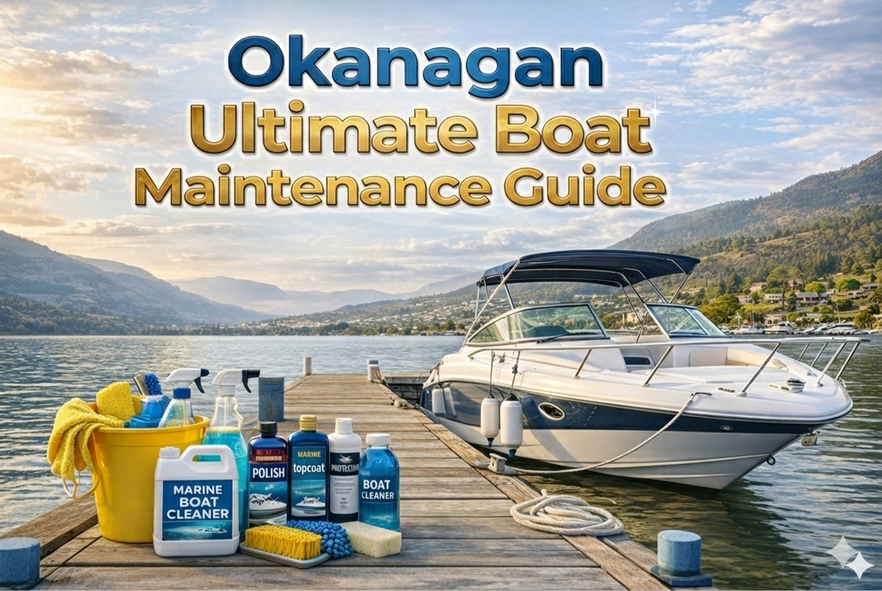 Okanagan Ultimate Boat Maintenance Guide graphic featuring a boat on the water with cleaning supplies.