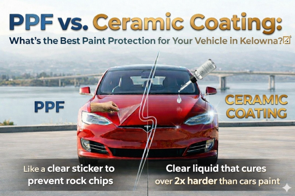 Comparison infographic of Paint Protection Film (PPF) vs. Ceramic Coating on a red sports car.